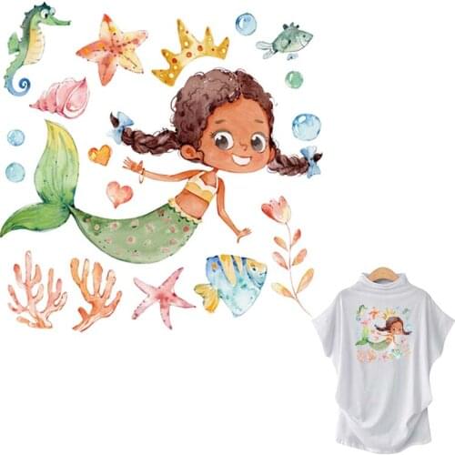 Mermaid Girl Iron On Thermal Press Vinyl Hoodies Tops A-Level Washable Diy Thermal Patches Clothing Happy New Year