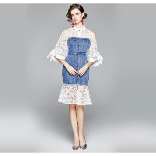 High-End Graceful Cable Lock Denim Stitching Lace Dress Zomerjurk Dames 2021 Autumn Ladies Off-Shoulder Goth Dress Robe K3182