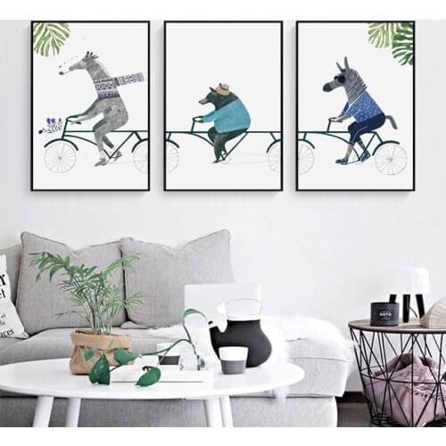 WTQ Horse Donkey Bear Riding Bicycle Animal Posters Canvas Painting Wall Decor Retro Poster Wall Art Picture Room Decor