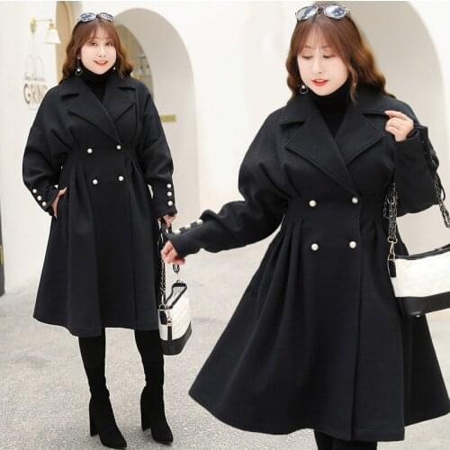 Womens lapel solid color winter coat new woolen coat Korean fashion large size womens coat