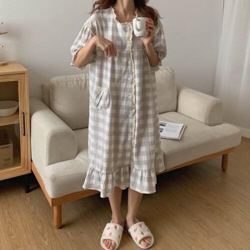 Women Casual Ladies Dress Cotton Nightdress Gray Plaid Sleepwear Nightgown Short Sleeve Summer Breasted Sleepdress Home Clothes