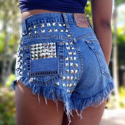 Womens Tassel Rivet Ripped Jeans Vintage High Waisted Short Punk Sexy Hot Denim Shorts