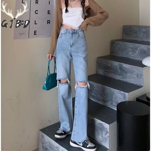 High waist Women ripped jeans Streetwear korean fashion Wide leg pants Casual Baggy 2021 Summer Straight ladies Denim Trouser