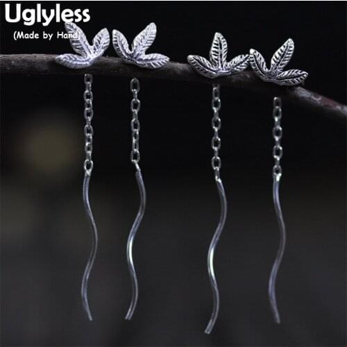 Uglyless S925 Sterling Silver Women Handmade Engrave Leaves Ear Lines Simple Wave Designer Earrings Chains Tassel Brincos Bijoux