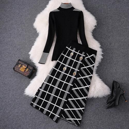2021 Spring Plus Size Womens New High-neck Sweater Suit Fat Sister Slimming Sweater Skirt Two-piece Suit