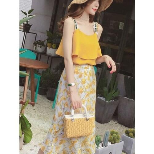 2 Piece Women Summer Chiffon Set Top Floral Skirt Outfits Beach Suit