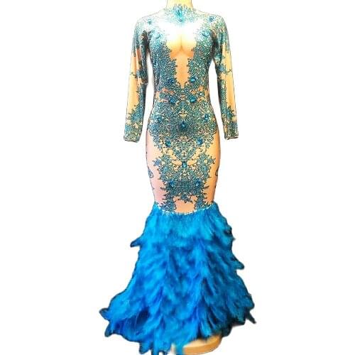 Long Blue Feather Tailing Women Dress Shining Diamonds Mesh Perspective Dress Nightclub Dancer Stage Wear Birthday Party Outfit
