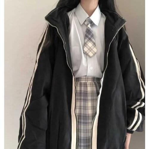 Womens warm coat neck street wild long-sleeved cardigan mid-length Y2K loose large size new stitching striped zipper round