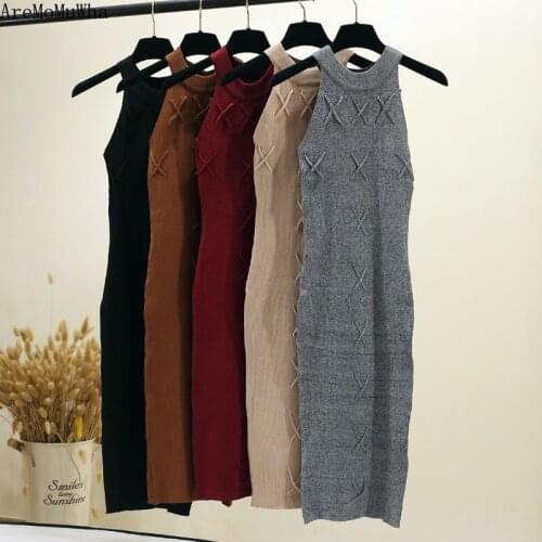 AreMoMuWha 2019 Autumn New Knit Sweater Dress Over The Knee Was Thin Sexy Bottom Dress Ladies Temperament Waist Women DressMH283