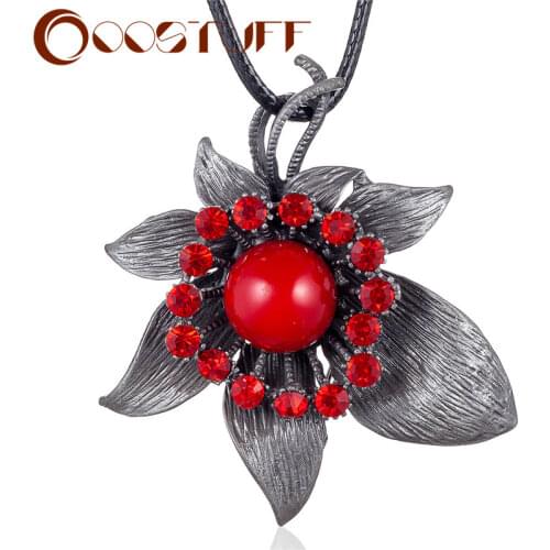 Vintage Plant Jewelry Long Necklace for Women Leaf Flower Pendant Red Beads Crystal Black Rope Chain Jewellery Suspension Choker