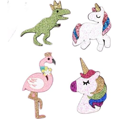 10Pcs/lot Cartoon Glitter Unicorn/Flamingo/Dinosaur Patches DIY Animal Series Appliques Childrens Headwear Accessories