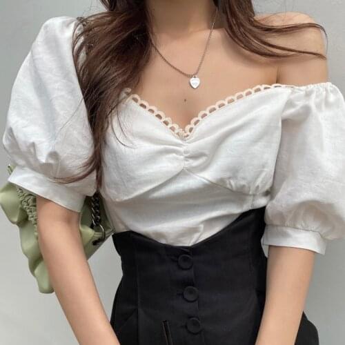 Blusa 2021 Summer Off-shoulder Folds Lace Lady Blouse Tube Top Puff Sleeve Women Shirt All-match Short-sleeved Top Female 15586