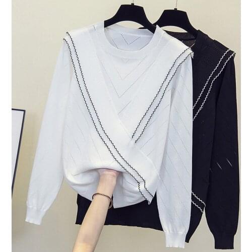 Black White Stitch Knitted Plus Large Size Oversize Korean Style Fashion Pullovers For WomenS Ladies Sweater 2021 Clothes Tops