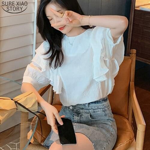 Elegant Short Sleeve Lace Up Women Shirts 2021 Summer New Style Chiffon Blouse Women Blue White Plus Size Female Clothing 14418