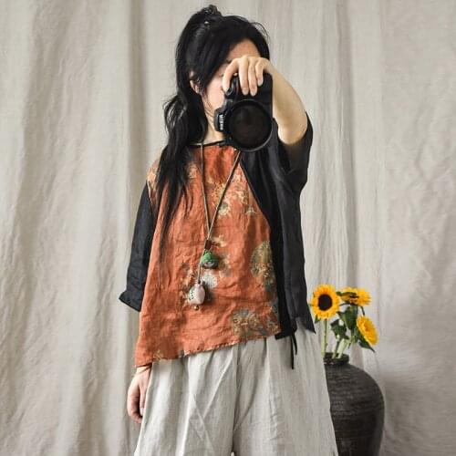 Cotton Linen Women T shirt O neck Vintage Patchwork Half Sleeve 2021 Summer Casual Women Blouse YoYiKamomo