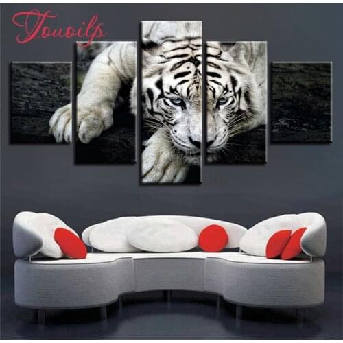 5D DIY Full Square&round 5pcs Animal White tiger 5d Diamond Painting Combination diamond Embroidery Mosaic Home Decor painting