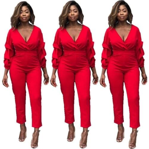 V-neck Fashion Long Sleeve Pile Sleeve Tight Slim One-piece 2021 Womens One-piece Pants Professional Dress Temperament Leisure
