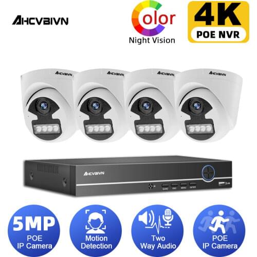 Two Way Audio Color Night Vision POE Monitoring Security Cameras Set 5MP Outdoor CCTV Video Surveillance System 4ch 4K NVR Kit