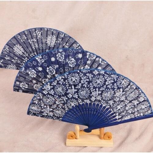 Ranomly Style Blue Calico Small Craft Fan Summer Chinese Folding Fan Womens Chinese Style Souvenirs Orchid Fan Decoration
