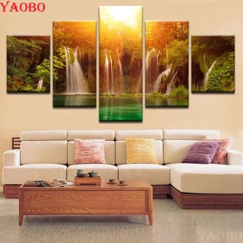 Full Square Round Drill 5D DIY Diamond Painting Waterfall Sunshine Scenery Cross Stitch Embroidery Diamond Mosaic sale 5 pcs set