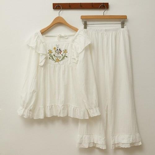 Fdfklak 100% Pure Cotton Palace Style Sleepwear 2 Piece Casual Loose Embroidery Nightwear Long Sleeve Autumn Pajama Set