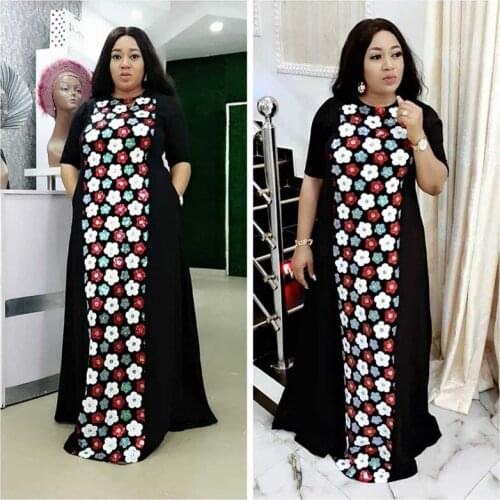 African Flower Print Robe Long Dress Clothes O-Neck Short Sleeve Balck Loose Dress Dashiki Bazin Plus Size
