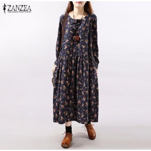 Dresses 2021 Autumn ZANZEA Women Vintage Floral Print Dress Long Sleeve O Neck Pockets Loose Casual Mid-calf Vestidos