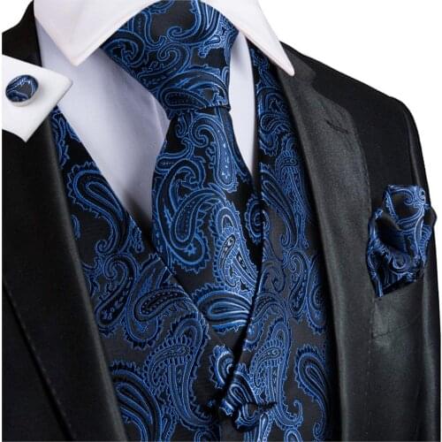 Hi-Tie Navy Mens Vest Suit Black Paisley Silk Waistcoat For Men Floral Fashion Handky Cufflinks Set For Wedding Business Party