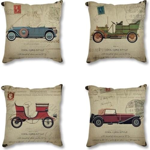 Vintage Linen Cotton Cushion Cover Classic Cars Minimalist Art Print Throw Pillow Case Decorative Cushion For Sofa Home Decor