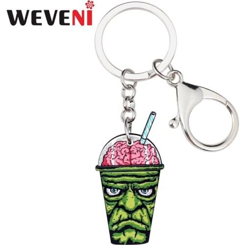 WEVENI Acrylic Halloween Green Zombie Brain Drink Key Chains Keychains Bag Novelty Jewelry For Women Girls Teens Car Charms