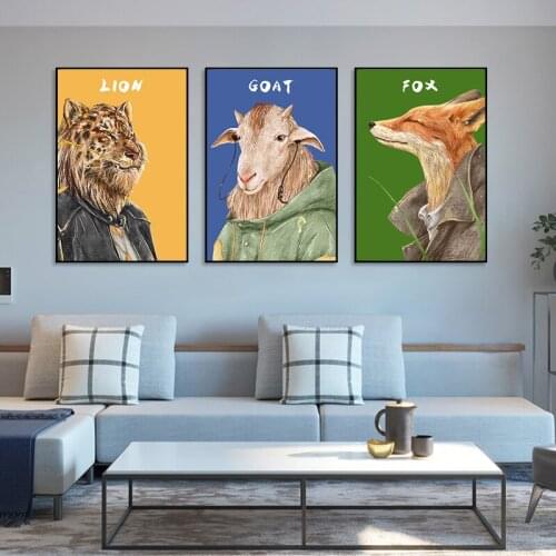Funny Animals Canvas Painting Lion Fox Goat With Clothing Nordic Vintage Style Wall Art Posters for Living Room Home Decor