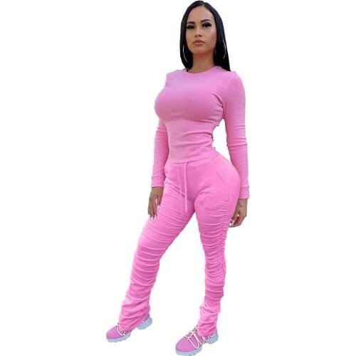 Lounge wear Drawstring Solid Tracksuit Women Fitness O Neck Long Sleeve Top with Stacked Leggings Bodycon Two Piece Set Clothing
