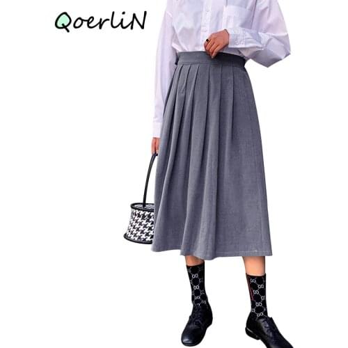 QOERLIN 3XL Korean Style Black Pleated Skirts Women Autumn Winter Large Size Thick Skirt Female Side Zipper High Waist Saia 2020