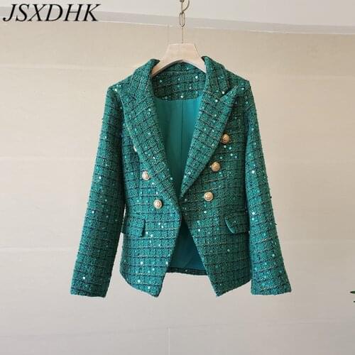 Runway High Quality Women Green Tweed Jacket Coat 2021 Fall Winter Vintage Double-Breasted Sequined Plaid Slim Outerwear Female