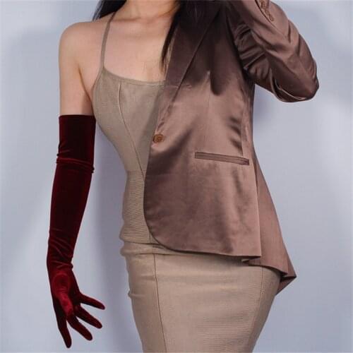 WomenS Velvet Gloves 60cm Long Wine Red Over Elbow Female High Elastic Velvet Gold Velvet Touch Screen Gloves JHSR60