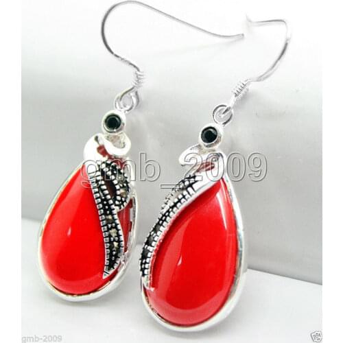 Choker Latest 15*26mm Red Coral 925 Sterling Marcasite Earrings anime earrings natural Luxury Ms. girl Wedding Jewelry