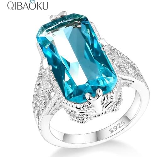 Aquamarine Zircon Hollowed-out Carved 925 Sterling Silver Rings Exaggerated Silver Jewelry for Women Engagement Wedding Ring