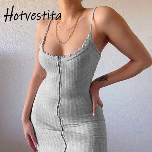 Hotvestita 2021 Sexy Backless Summer Women Casual Sleeveless Slip Dress Knitted Zip-up Bodycon Ruffles Mini Dress Party Clubwear