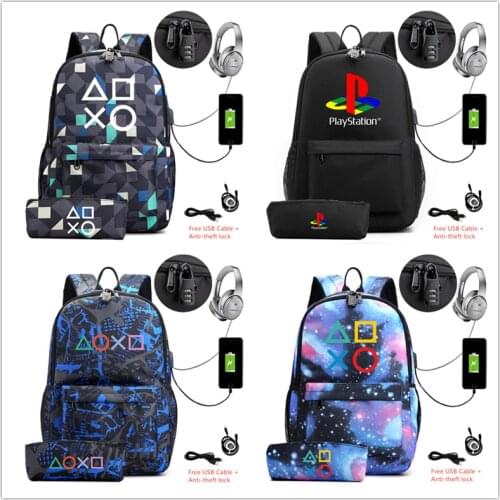 2 pcs/lot PS4 Playstation Canvas Backpack With Pencil Case School Bag Usb Charging School Bag Laptop Sports Mochila Escolar