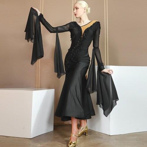 2021 Ballroom Dance Competition Dresses For Women Black Lace Adult Prom Dress Tango Dancing Clothes Flamengo Waltz Dress VDB3508