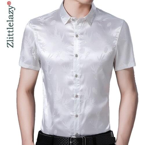 2020 Short Sleeve Men Social Shirt Summer Streetwear Casual Luxurious Shirts Dress Mens Slim Satin Fit Clothes Fashions 52402