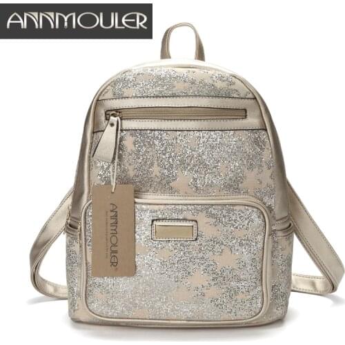 Annmouler High Quality Women Backpacks Pu Leather Shoulder Bag Patchwork Shining Daypack Star Sequin School Bag for Girls