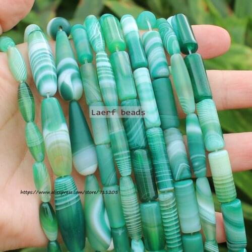 6-30mm Natural Green Stripe Smooth/Matte Agate Oval / tube Gemstone beads 15"/38cm , For DIY Jewelry making