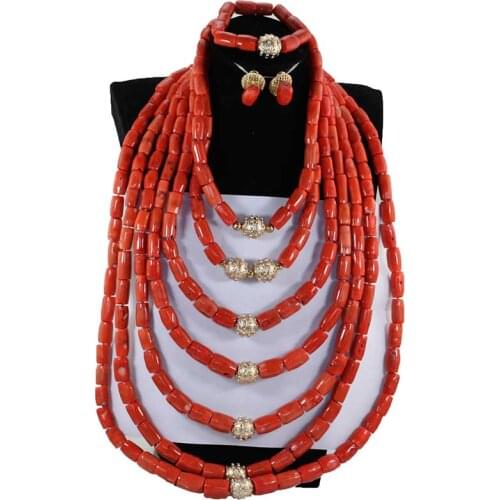 Exclusive Luxury Real African Nigerian Coral Bead Jewelry Set for Wedding Big Heavy Full Coral Necklace Jewelry For Women NCL714
