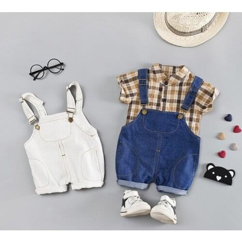Summer Children Baby Boys Clothes Lattice T-Shirt Strap Shorts Cotton Bib Pants Child Toddler Fashion Clothing Infant Tracksuits