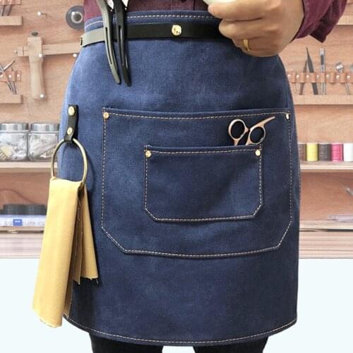 Canvas Denim Waist Apron Leather Strap Barista Bartender Bakery BBQ Chef Catering Uniform Florist Painter Gardener Work wear D23