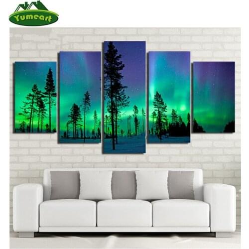 Painting Aurora Cross Stitch Kits Full Diamond Embroidery Starry Sky Crystal Mosaic Wall Decor Aurora Tree Landscape 5pcs/Set