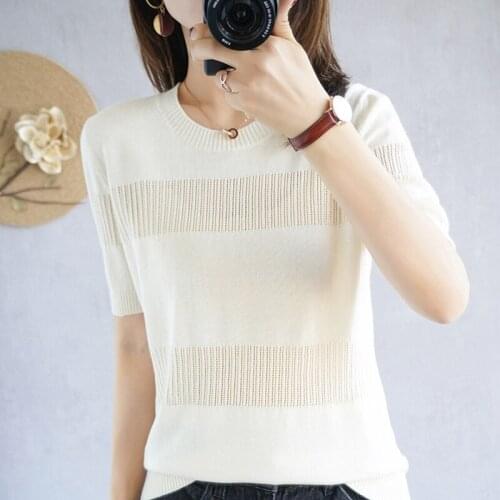 New spring and summer new round neck short-sleeved sweater pure color knitted 100% cotton ladies pullover soft and comfortable