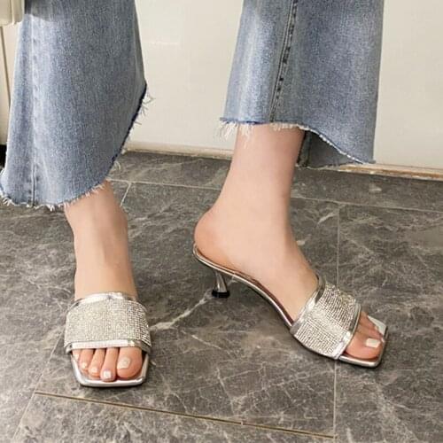 One-Word Slippers Summer New Fashion Square Toe Exquisite Rhinestone All-Match Mid-Heel Ladies Sandals