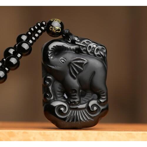 Feng Shui Natural Stone Black Obsidian Protect Safety Elephant Pendant Necklace Unisex Good Luck Wealth Beads Chokers Necklace